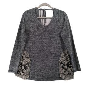 Charming Charlie Embroidered Sweater L Black Long Sleeve Accent Knit Tie in Back